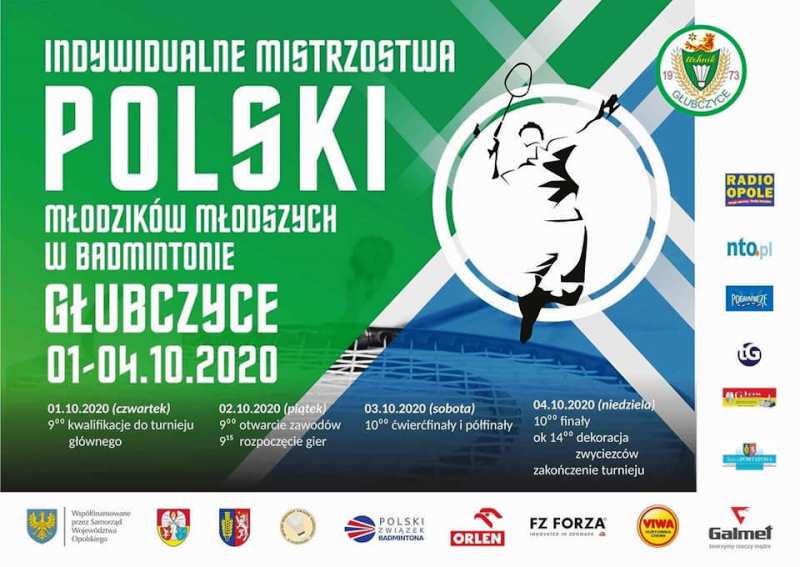 Plakat Indywidualnych Mistrzostw Polski Młodzików Młodszych w Badmintonie, Głubczyce 1-4 października 2020