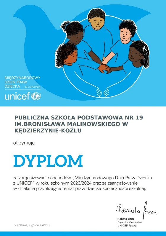 Dyplom od UNICEF - tekst z obrazka w rozwinięciu artykułu